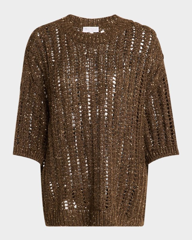 Openwork Pailette Rib Short-Sleeve Sweat
